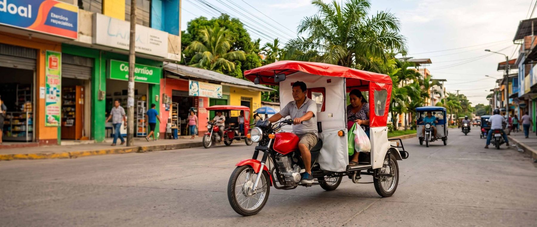 Mototaxista llevando a una pasajera por una calle de la ciudad