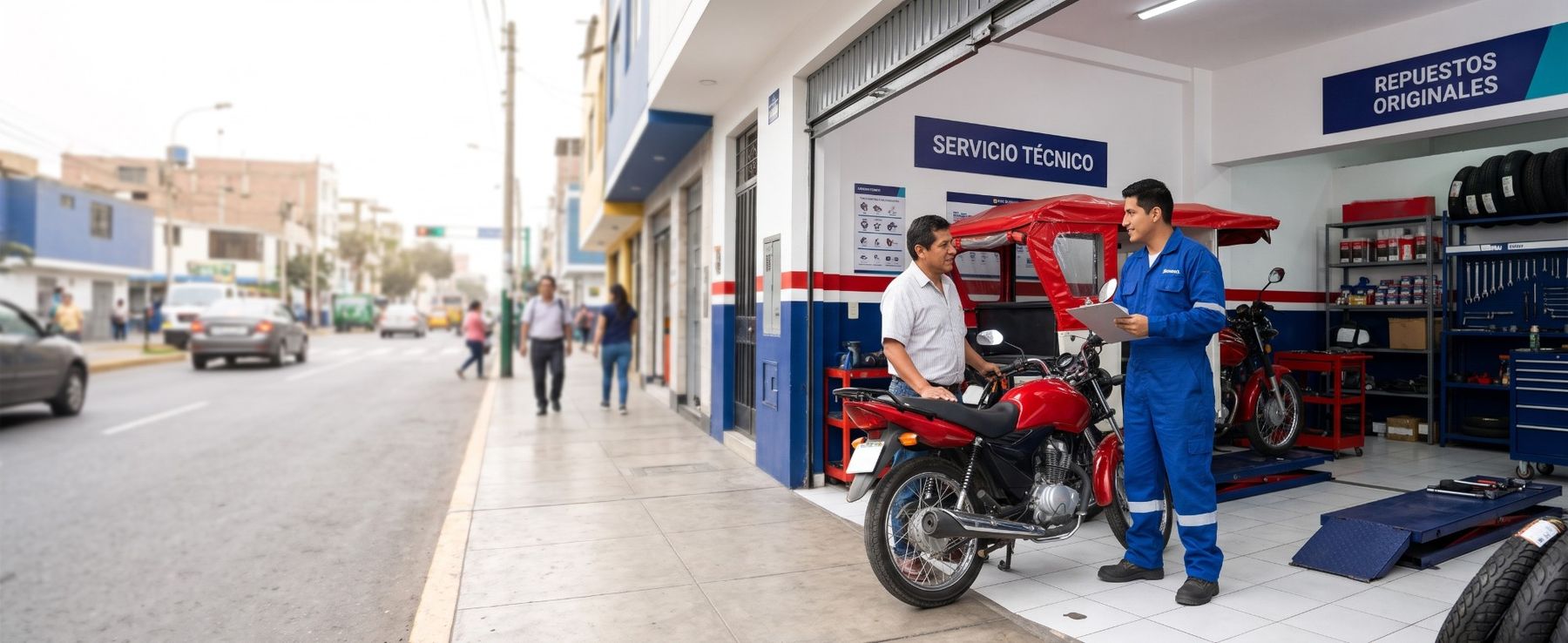 Técnico atendiendo a un cliente con su moto en un taller de servicio técnico