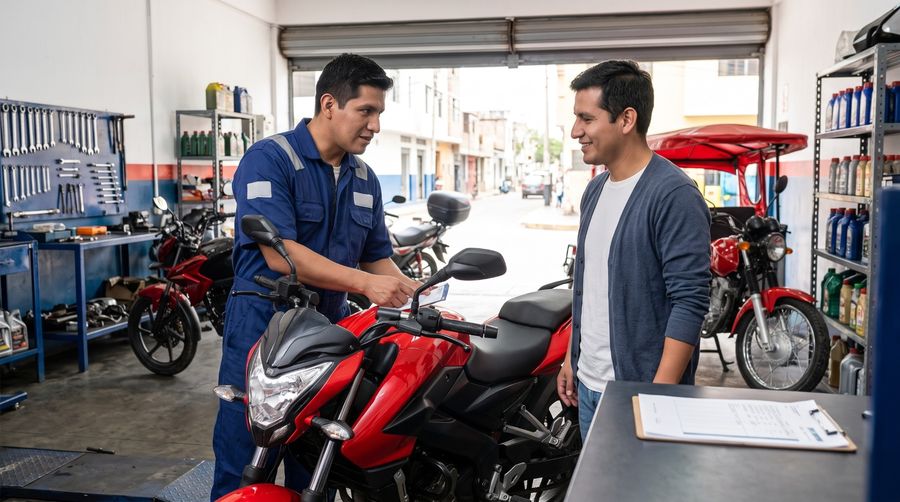 Técnico conversando con un cliente junto a su moto en el taller
