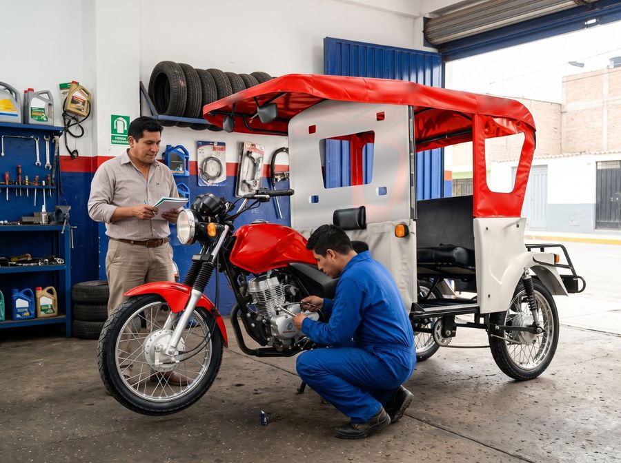 Técnico revisando el motor de un motokar mientras el dueño toma nota