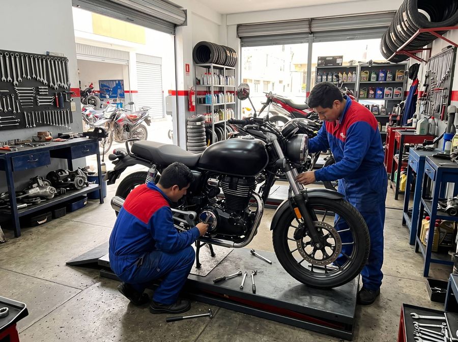 Dos técnicos revisando el motor y la suspensión de una moto en el taller